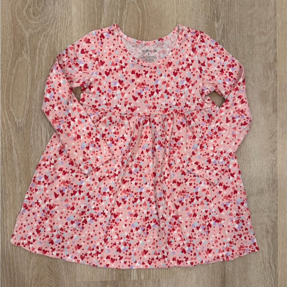 Girls Pink Heart Print Long Sleeve Dress